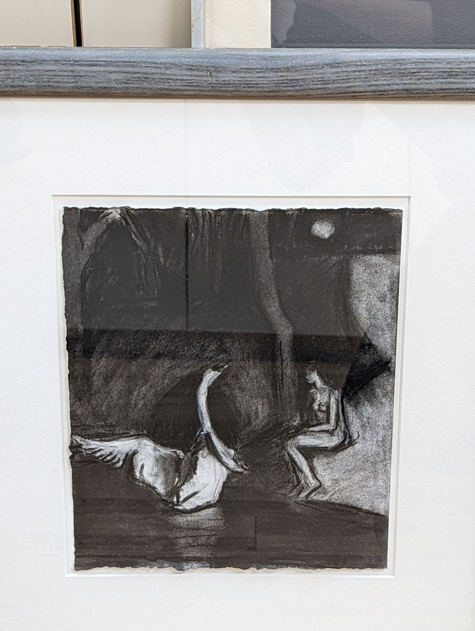 Trevor Grimshaw, lithograph, The Viaduct, signed 100/150, 44 x 66cm, a charcoal drawing of Leda and the swan by Julie Held and an unsigned watercolour landscape